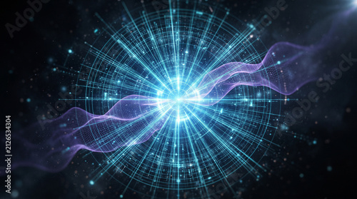 Futuristic abstract technology background with glowing blue quantum energy core circular digital cyber interface grid particles and purple plasma wave
 Generative Ai.