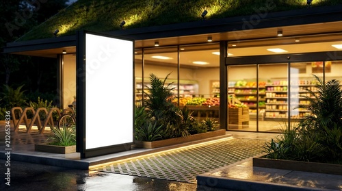 Blank illuminated vertical advertising display mockup outside eco friendly supermarket entrance at night