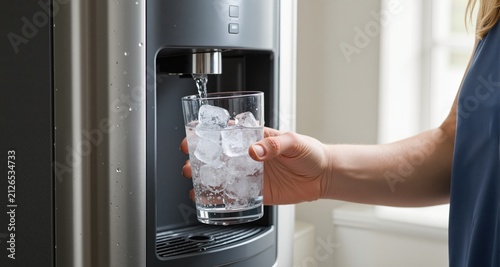 Hand fills glass with ice and fresh cold water from dispenser. Person gets drink from water cooler machine. Hydration and refreshment for health.
