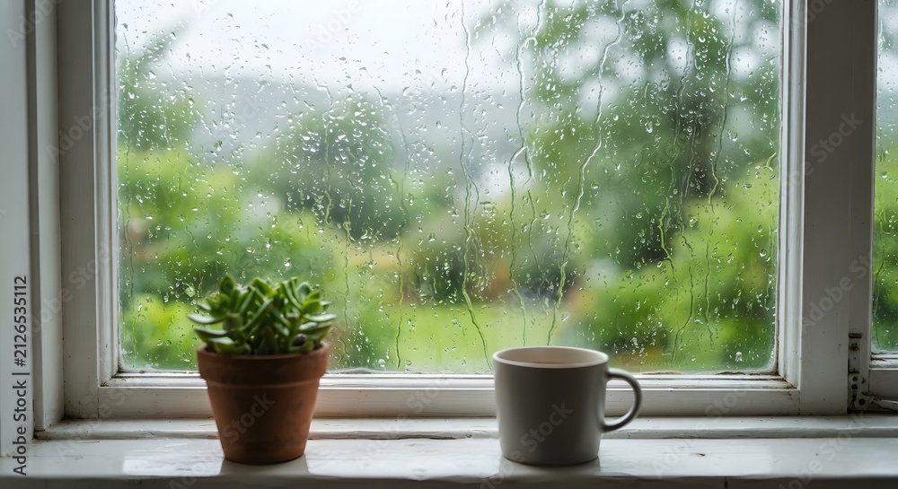 Obraz premium A potted plant and coffee mug sitting on a windowsill with light background