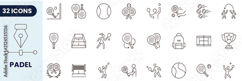 Padel Sport Icons Set - Racket Equipment, Tennis Court, Tournament Trophy and Player Poses Vector Symbols