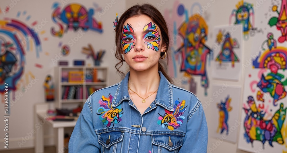 Naklejka premium Young woman showcases vibrant face art with stylish denim outfit in a creative setting 