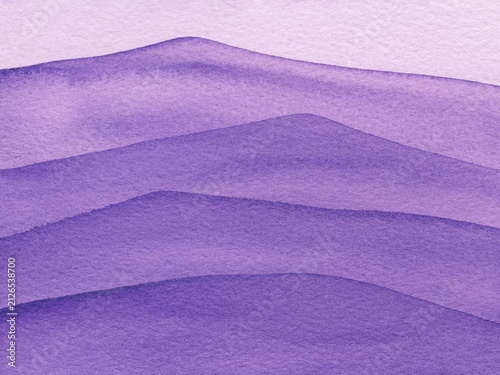 Abstract wavy gradient painted with violet purple violaceous watercolor on textured paper background. waves flow horizontally. Delicate watercolor textures create calming layers.