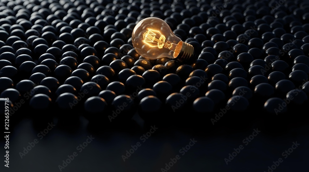 Fototapeta premium Glowing vintage light bulb standing out among dark turned-off bulbs, symbolizing innovation, unique ideas, creativity, and leadership in business and technology concepts.