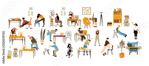 Office workers stretching set with corporate employees doing physical exercises at desks vector illustrations