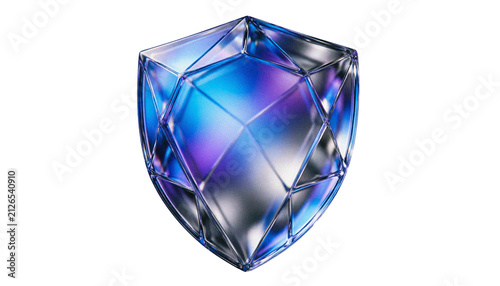 Futuristic crystal shield icon with blue and purple gradients, faceted glass security emblem, glossy diamond texture protection symbol on white background