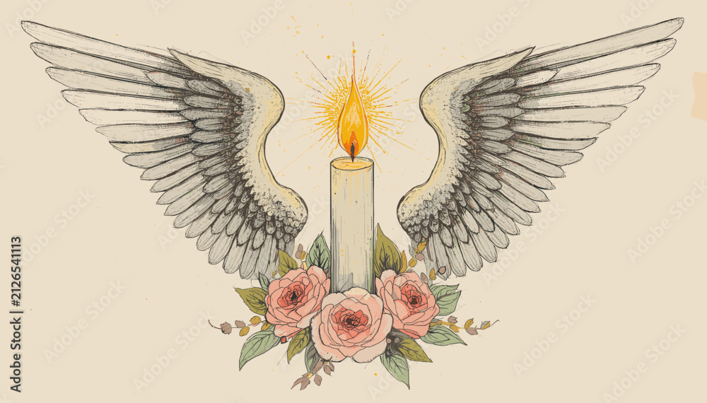 Fototapeta premium A delicate watercolor illustration of a lit candle adorned with soft pink roses and lush green leaves, framed by majestic angel wings.