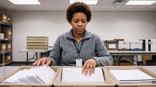 Election worker sorting mail ballots into trays