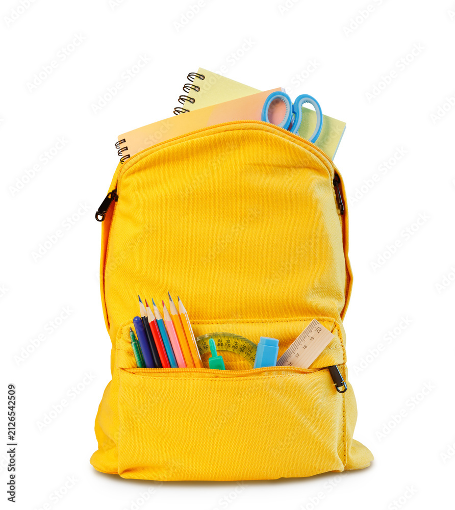 Obraz premium Back to school, yellow backpack isolated on transparent, filled with school supplies. Pencils, scissors, and notebooks peek out. Perfect for start of school year.
