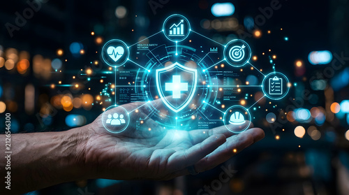Hand holding a glowing digital healthcare and insurance hologram