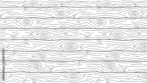 Seamless wood grain texture illustration featuring horizontal planks with natural knots and organic lines in a black and white hand drawn sketch style