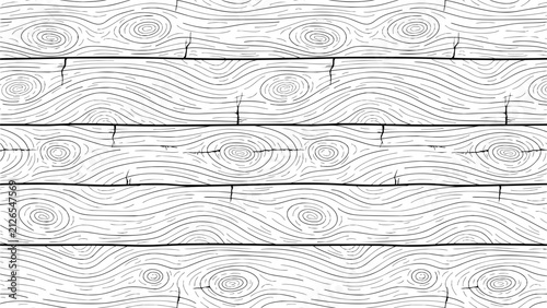 Detailed black and white line art illustration of natural wood grain texture with horizontal planks and organic knots for rustic woodworking backgrounds