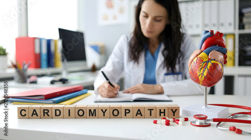 Medical professional with heart model and cardiomyopathy text blocks