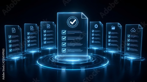 Centralized digital archive infrastructure displaying glowing blue document files arranged on a futuristic cyber grid representing advanced enterprise cloud storage and network database