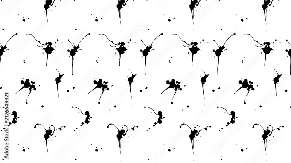 Obraz premium Dynamic ink splatter pattern with organic black paint drips and messy liquid blots on a white background for urban grunge style and artistic creative projects
