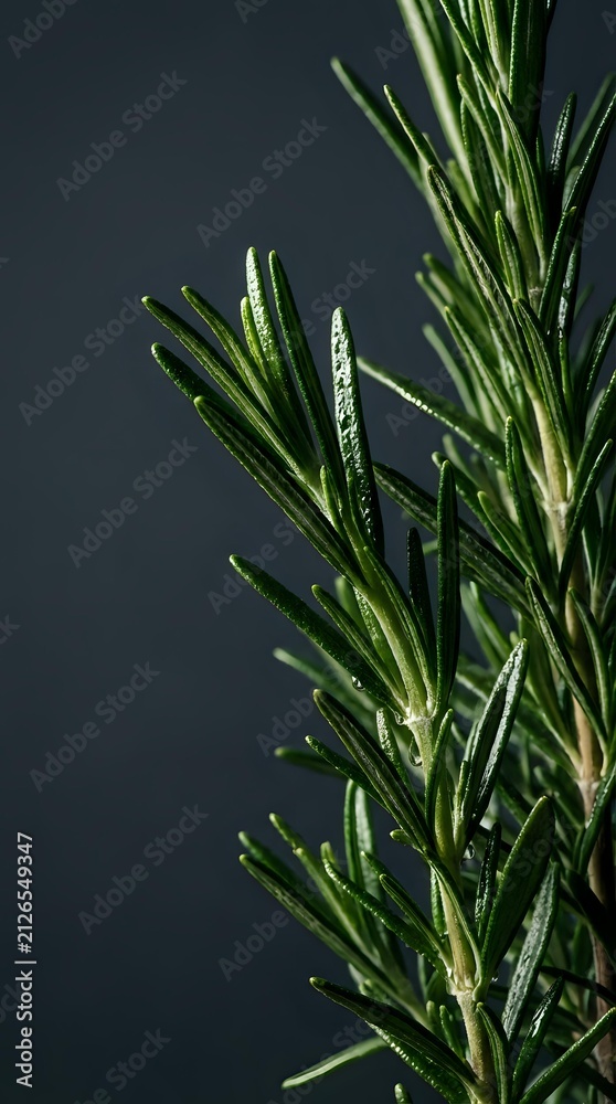 Obraz premium Fresh rosemary herb sprigs with narrow green leaves against dark background, suitable for culinary, wellness, and food photography projects.