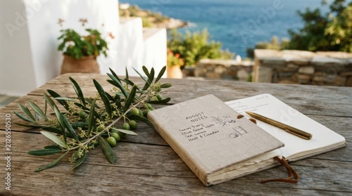 Travel journal with olive branch and pen on a rustic wooden table by the sea for vacation stationery and lifestyle background