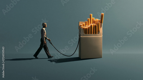 Man Walking Cigarette Pack on Leash Illustrating Smoking Addiction Concept