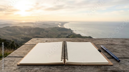 Open lined notebook on weathered wooden table overlooking coastal landscape for travel journal and writing background