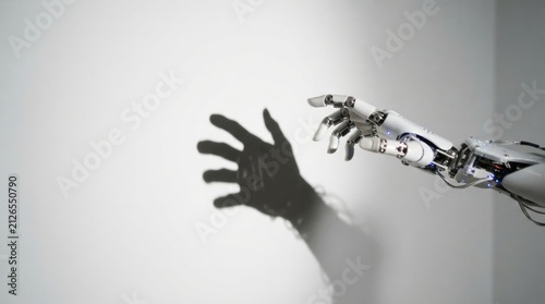 Robotic prosthetic hand casting human shadow for ai robotics concept background and futuristic technology poster design