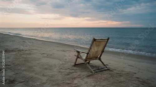 Lone wooden beach chair on empty sand at sunset seascape for relaxation background and coastal wallpaper design
