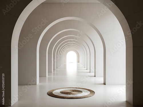 A serene and symmetrical hallway with a circular pattern on the floor