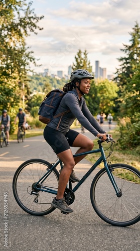 Young Black Woman Riding Bicycle in Park with City Skyline in Background