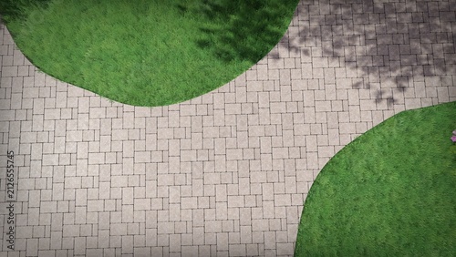 3d image of the landscape design of the home territory. Landscaping of the territory. Computer visualization of composite landscaping and landscaping solutions.