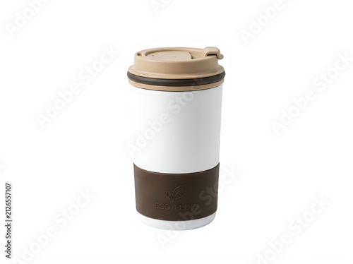 A white reusable coffee cup with a tan lid and a brown sleeve isolated against a plain white background for product design mockups