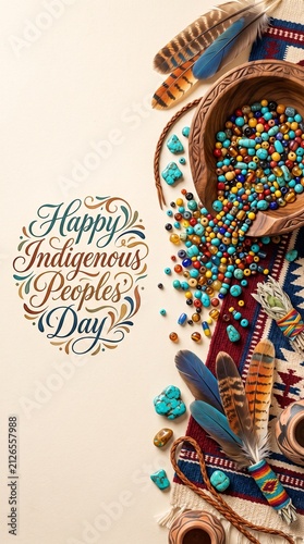 Indigenous People's Day Celebration: A vibrant collection of Native American cultural artifacts, including colorful beads, feathers, and traditional woven textiles.