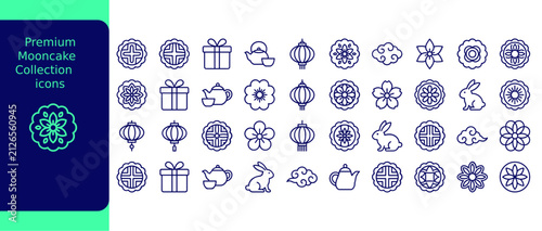 Mooncake collection icon set vector mid autumn festival pattern outline