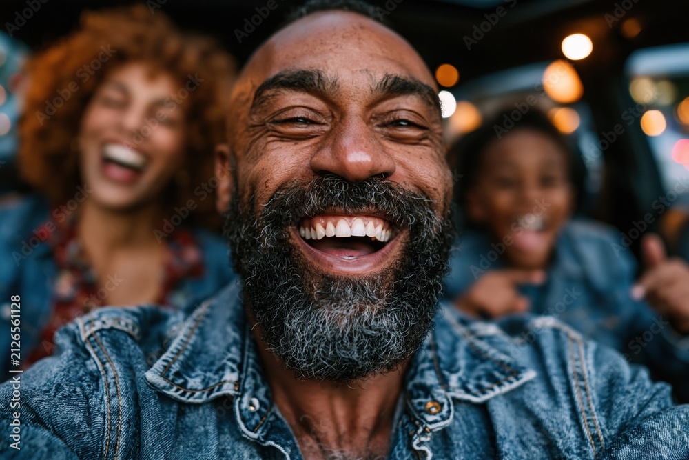 Fototapeta premium Joyful Selfie with Friends in Denim Jackets
