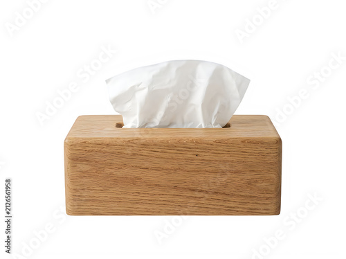 A minimalist rectangular wooden tissue box holder with a single white paper tissue pulled out isolated against a solid black background surface