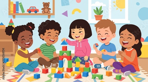 Diverse group of happy children playing with colorful building blocks indoors