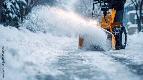 Medium shot of a snow blower in action clearing an icy path with the machine and snow spray crisply detailed against a blurred background