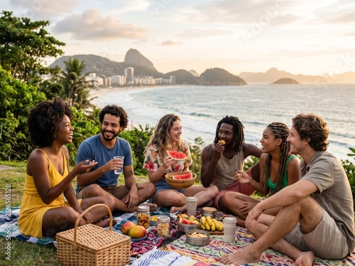 Multicultural friends sharing a picnic with Rio de Janeiro coastal skyline at sunset