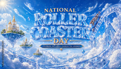 National roller coaster day concept art with ice crystal themed amusement park and ride