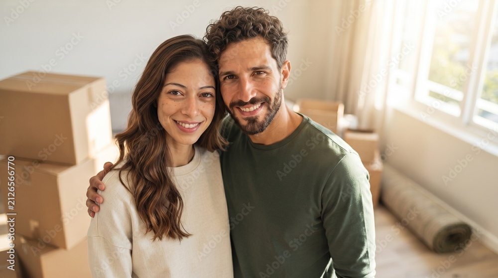 Obraz premium Happy young couple embracing in new home after buying real estate property with mortgage loan approval. Portrait of cheerful homeowners with moving cardboard boxes in living room space.