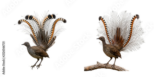 Two lyrebirds displaying their elaborate tail feathers isolated on transparent background
