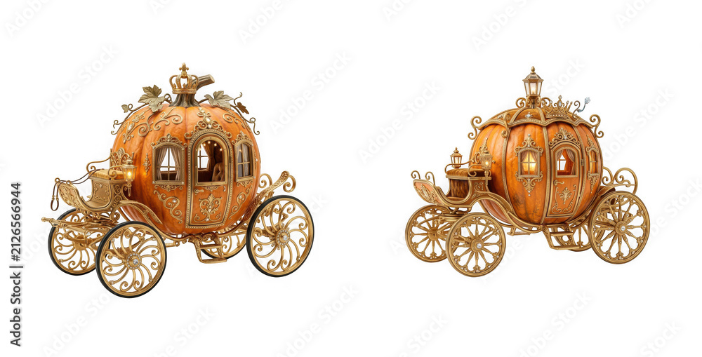 Fototapeta premium Two ornate pumpkin carriages decorated with gold filigree isolated on transparent background