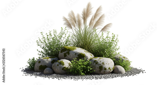 Decorative garden rock pile with green moss and fluffy pampas grass plumes for natural landscaping design elements in a backyard or park setting for outdoor decoration