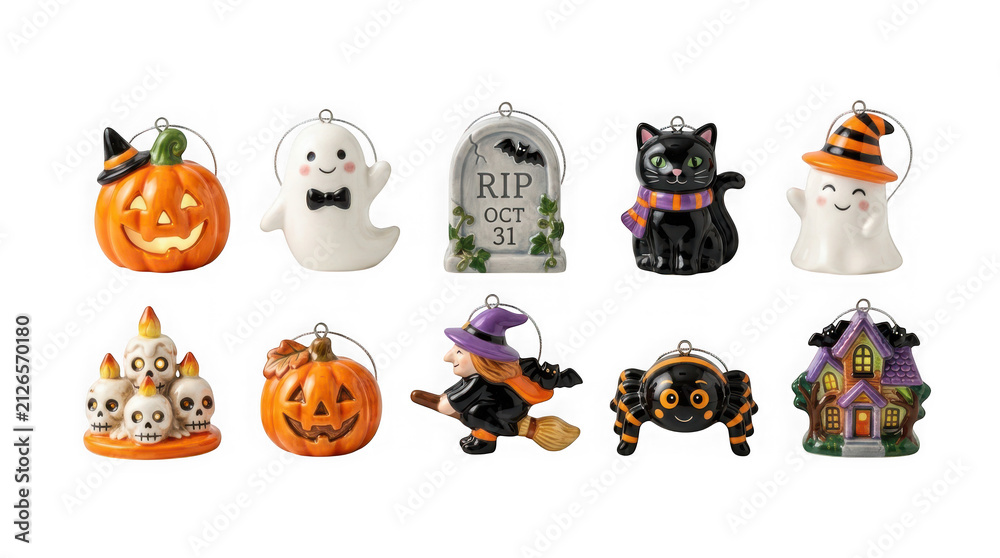 Fototapeta premium Set of ten colorful halloween themed ornaments including ghosts, pumpkins, and a witch isolated on transparent background