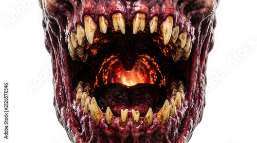Close up of a terrifying monster mouth with sharp yellow teeth and glowing throat isolated on transparent background