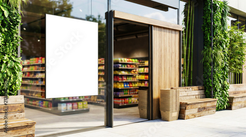 Blank promotional display board mockup at sustainable supermarket wooden entrance