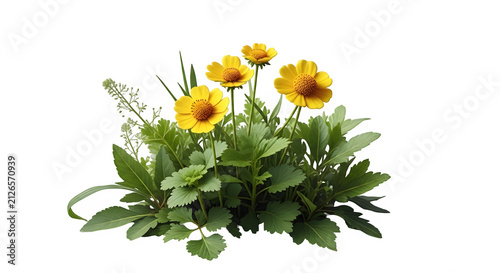 Small bush with bright yellow flowers and green leaves isolated from the environment for garden design and nature themed projects showing a fresh spring or summer plant life