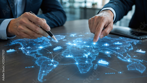 Logistics managers hands interacting with 3D world map supply chain hologram