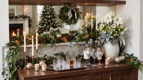 Elegant Christmas bar setup with festive garland, candles, drinks, and floral arrangement