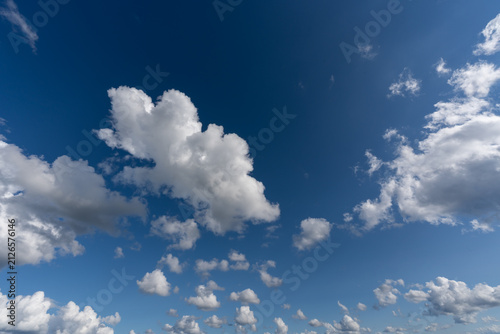 Canvas Print Wide angle shot of fluffy white cumulus clouds scattered across a vibrant deep blue sky on a bright sunny summer day
