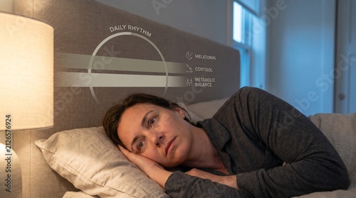 Awake adult rests on pillow as circadian rhythm data appears