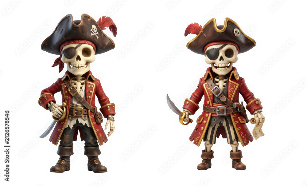 Naklejka premium Two cartoon pirate skeleton action figures standing side by side isolated on transparent background